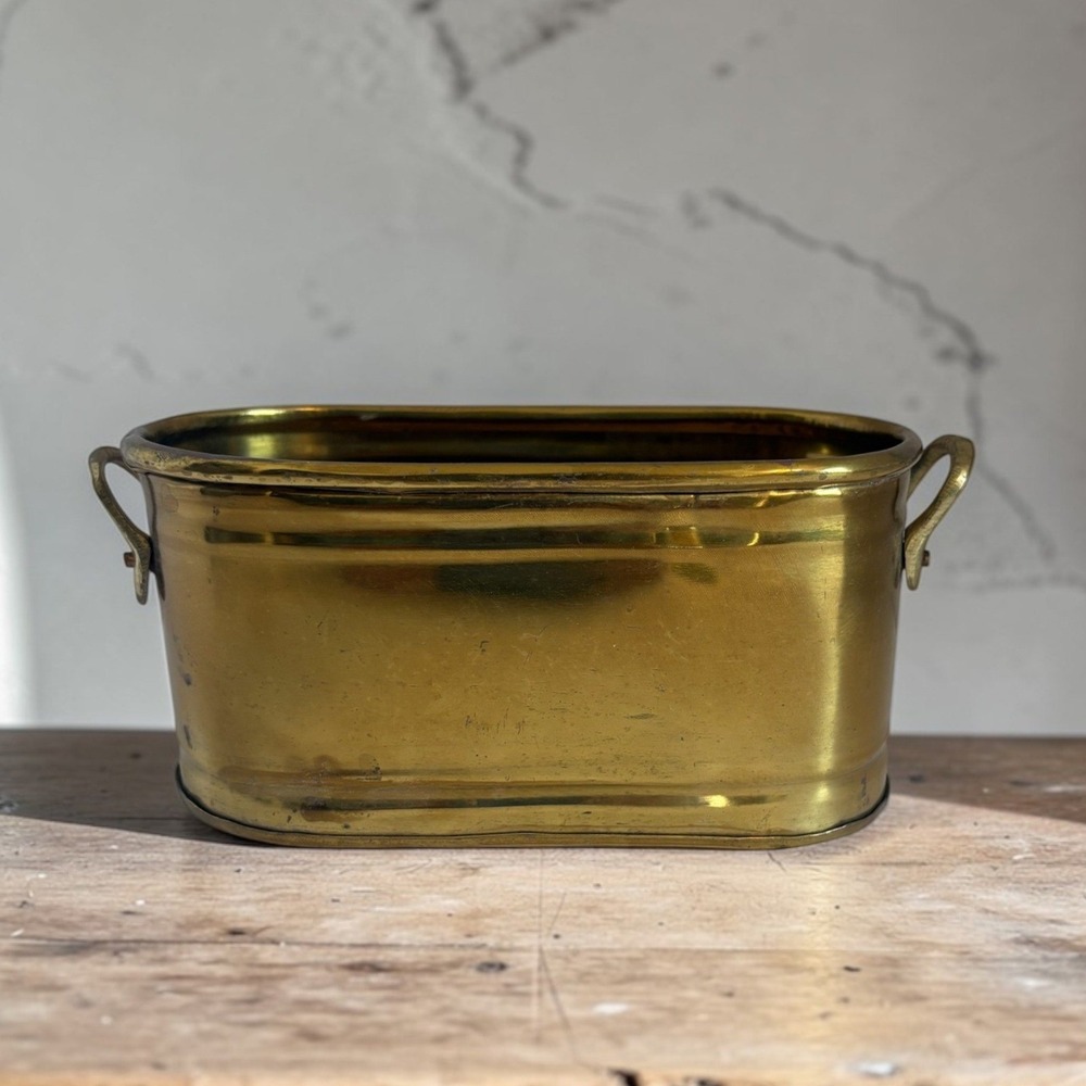 Vintage Brass Oval Planter‎ Tub with Handles Small Gold Cachepot 7 Inch